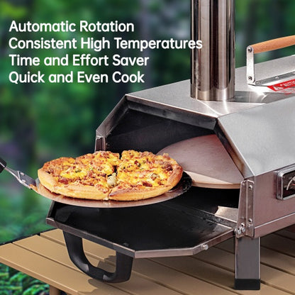 Stainless Steel Pizza Oven Outdoor 12 Automatic Rotatable Pizza Ovens,Portable Wood Fired Pizza Oven Pizza Maker With Timer, Built-in Thermometer,Pizza Cutter