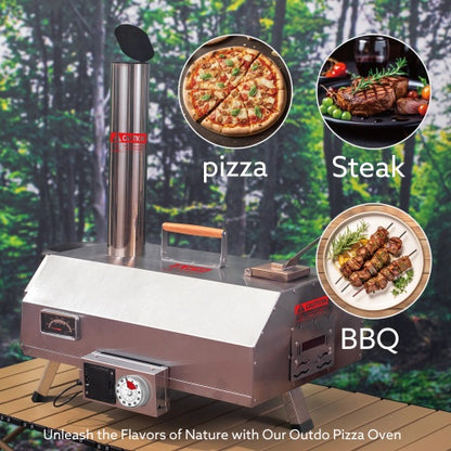 Stainless Steel Pizza Oven Outdoor 12 Automatic Rotatable Pizza Ovens,Portable Wood Fired Pizza Oven Pizza Maker With Timer, Built-in Thermometer,Pizza Cutter